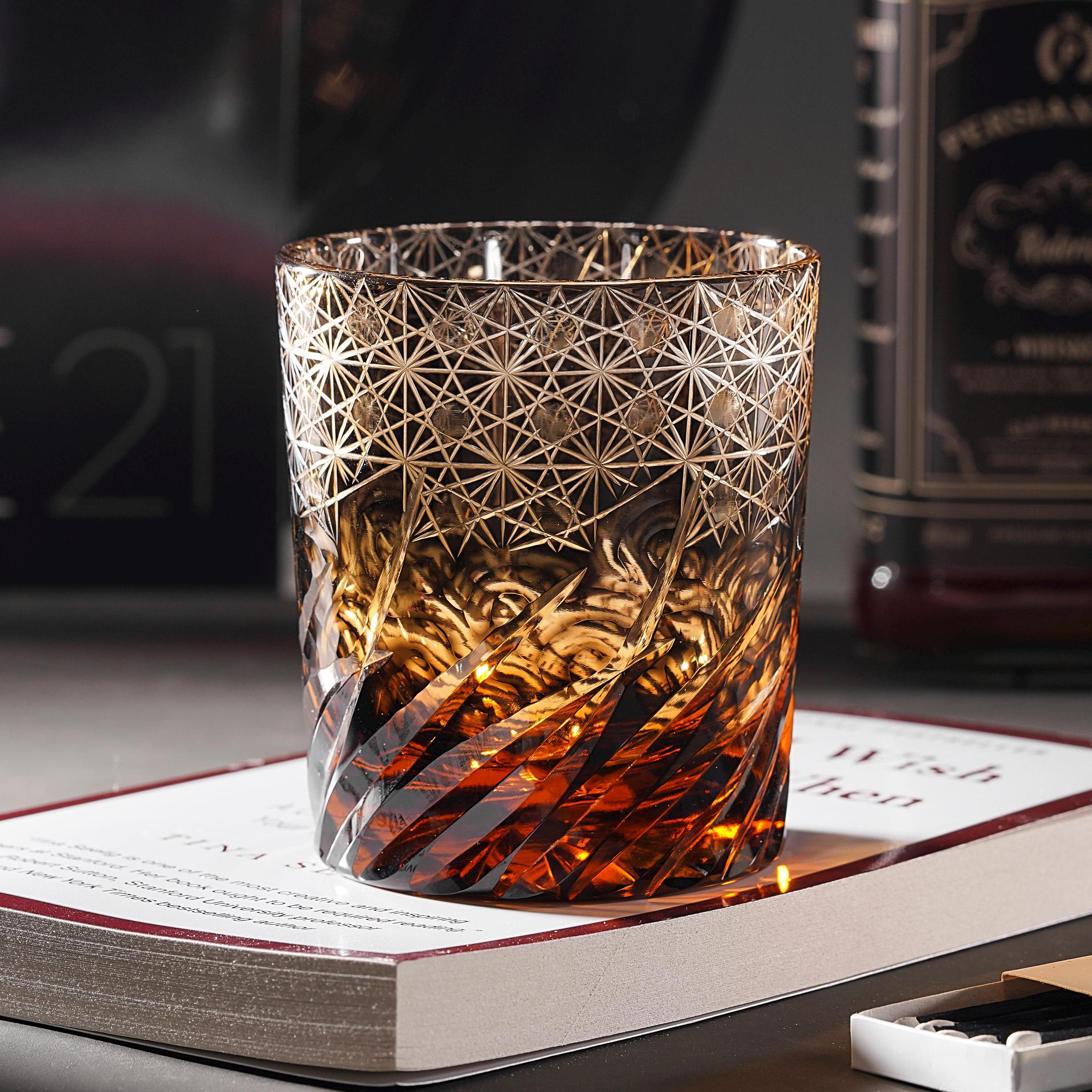 Hand-Craved Edo Kiriko Crystal Whiskey Glass, Vintage Cocktail Tumbler, Japanese Style Drinkware, Unique Drinking Glass, Father's Day Gift