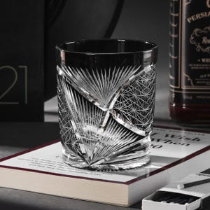 Hand Cut Kiriko Retro Crystal Whiskey Glass, Old Fashioned Black Bourbon Glass, Japanese Bar Glasses, Unique Drinking Tumblers Men Gift Idea