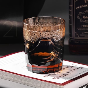 Hand Cut Black Fuji Edo Kiriko Crystal Whisky Glass, Vintage Whiskey Tumbler Glasses, Japanese Style Barware Set, Designed Glass Gifts Idea