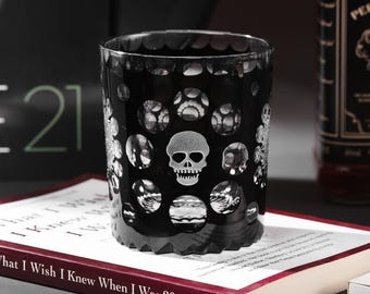 Hand-Cut Skull Design Crystal Glass, Luxury Gothic Whiskey Tumbler, Old Fashioned Rocks Glass For Him, Skull Lovers Gift, Halloween Gift