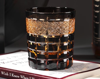 Hand-Cut Amber Black Whiskey Glasses, Vintage Edo Kiriko Crystal Bourbon Tumbler, Japanese Home Bar Collection with Gift Box