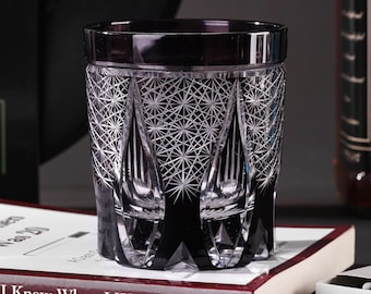 Vintage Kiriko Black Whiskey Glass - Handmade Luxury Japanese Rocks Glass, Unique Birthday Gift for Whiskey Lovers with Gift Box