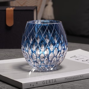 Hand Curved Raindrop Edo Kiriko Whisky Glass, Retro Crystal Glasses, Japanese Style Round Cut Tumbler Set, Bourbon Barware Cup with Gift Box