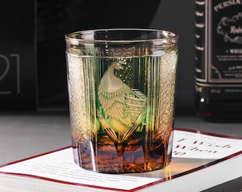 Hand Cut Edo Kiriko Peacock Emerald Whisky Glass, Vintage Style Glassware, Japanese Colored Drinkware, Cocktail Drinking Glass with Gift Box