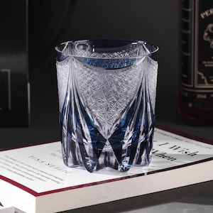 Hand Cut Edo Kiriko Luxury Blue Crystal Whisky Glass, Japanese Retro Drink Glass, Engraved Vintage Barware Gift, Bourbon Glass with Gift Box
