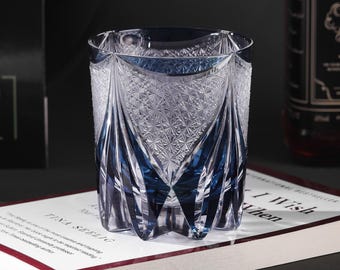 Hand Cut Edo Kiriko Luxury Blue Crystal Whisky Glass, Japanese Retro Drink Glass, Engraved Vintage Barware Gift, Bourbon Glass with Gift Box