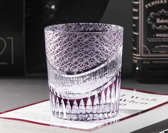 Hand Cut Edo Kiriko Amethyst Crystal Whisky Glass, Vintage Bourbon Glassware, Japanese Colored Drinkware, Cocktail Drink Glass with Gift Box