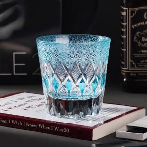 Hand Cut Edo Kiriko Whisky Glasses, Rocks Sea Blue Crystal Glass, Japanese Style Whisky Cup, Vintage Bourbon Drinking Glass with Gift Box