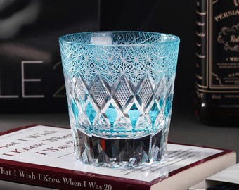 Hand Cut Edo Kiriko Whisky Glasses, Rocks Sea Blue Crystal Glass, Japanese Style Whisky Cup, Vintage Bourbon Drinking Glass with Gift Box
