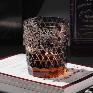 Handcrafted Edo Kiriko Whiskey Glass, Black Crystal Bourbon Glasses, Japanese Style Whisky Barware Set, Vintage Rocks Glass with Gift Box