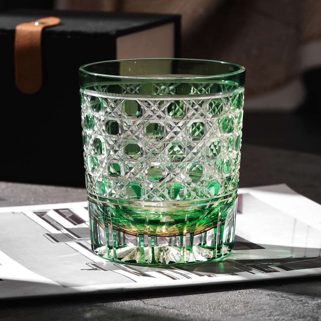Hand-cut Diamond Whiskey Tumbler, Vintage Green Crystal Glass, Japanese ...