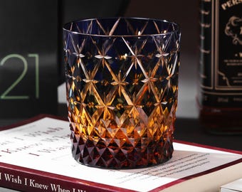 Hand-Cut Kiriko Blue Star Crystal Whiskey Glass, Old-Fashioned Japanese Bourbon Cocktail Glasses, Luxury Barware For Home or Whisky Lovers