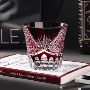 Handmade Flared Shaped Edo Kiriko Crystal Glass, Red Vintage Whisky Glass, Japanese Glassware, Gifts For Husband, Wine Glass with Gift Box