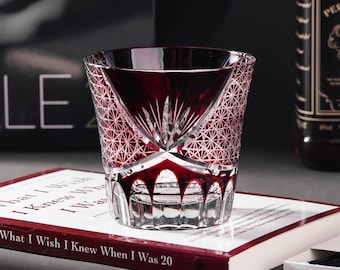 Handmade Flared Shaped Edo Kiriko Crystal Glass, Red Vintage Whisky Glass, Japanese Glassware, Gifts For Husband, Wine Glass with Gift Box