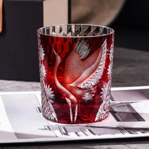 Hand-Carved Crane Whiskey Glass, Vintage Crystal Rocks Glass, Japanese Animal Barware Gift for Spirit Lovers, Drinking Glass with Gift Box
