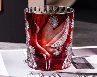 Hand-Carved Crane Whiskey Glass, Vintage Crystal Rocks Glass, Japanese Animal Barware Gift for Spirit Lovers, Drinking Glass with Gift Box