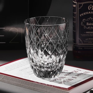 Hand Cut Edo Kiriko Rounded Whisky Glass, Old Fashion Gray Crystal Tumbler, Japanese Style Whiskey Glasses, Vintage Drinkware with Gift Box