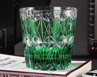 Engraved Japanese Green Whiskey Glass, Hand-Cut Old-Fashioned Rocks Glass, Home Bar Bourbon Gift for Whisky Lovers with Gift Box