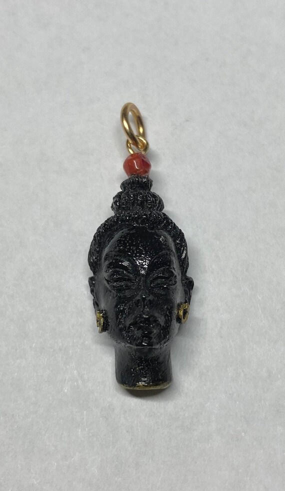 Vintage 1960's New Old Stock 14K Gold Filled Straight Hair Large Blackamoor  Genuine 3mm Red Coral Bead Pendant