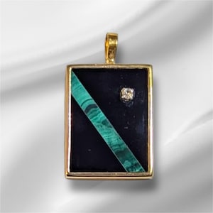 Vintage NOS 1960&#39;s 14-karaats geelgouden echte diamant, zwarte onyx en malachiet abstracte modernistische hanger