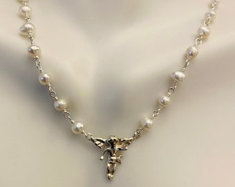 Sterling Silver and Genuine Freshwater Pearl 18" Angel Necklace