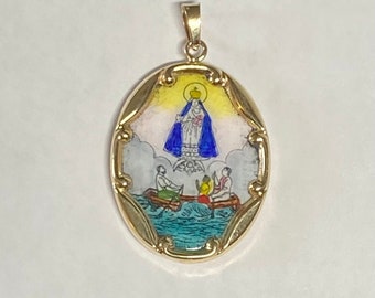 Vintage NOS 10 Karat Yellow Gold Enameled Our Lady of Charity "Caridad del Cobre" 25mm x 20mm Oval Medal