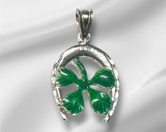 Vintage Sterling Silver Enameled 4 Leaf Clover and Horseshoe Pendant