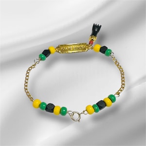 10 Karat Yellow Gold Genuine 4mm Azabache Jet and Orula Beads with Azabache Mano Figa &quot;DIOS ME BENDIGA&quot; 6-inch Curb Link Baby Bracelet