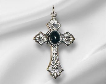 Colgante de cruz de ónix negro ovalado auténtico en plata de ley 925 con efecto antiguo