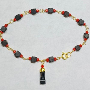 14 Karat Yellow Gold Genuine 4mm Azabache Jet & Coral 6.5&quot; Children&#39;s Bracelet with Azabache Mano Figa