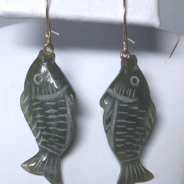 Vintage 1960's NOS 14 Karat Yellow Gold and Genuine Nephrite Jade Hand-carved 3-D Fish Dangle Earrings