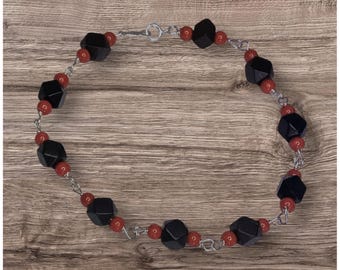 Sterling Silver Genuine 6mm Azabache Jet & Coral 7.5" Bracelet