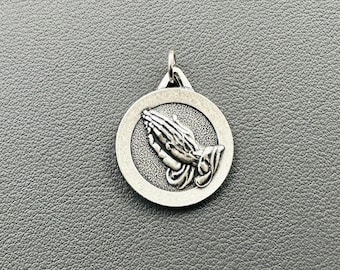 Sterling Silver 925 Antiqued Praying Hands Serenity Prayer Medal Pendant