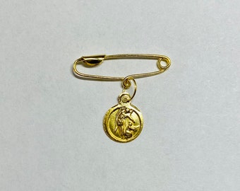 10K Yellow Gold Baby Safety Pin with Angel de la Guardia "Guardian Angel" Medal
