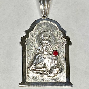 Sterling Silver Saint Barbara &quot;Santa Barbara&quot; 2.31&quot; Chapel Medal with Genuine Ruby