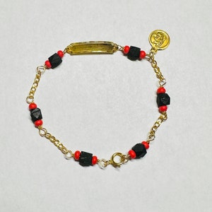 10 Karat Yellow Gold Genuine 4mm Azabache Jet with Guardian Angel Medal 6&quot; Personalizable Baby ID Curb Bracelet