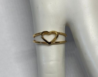 Anello a doppia fascia con design a cuore, vintage anni '60 NOS, in oro giallo 18 carati, misura 4,5