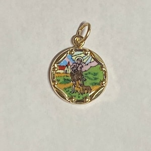 Vintage NOS 10K Yellow Gold Enameled Saint Lazarus &quot;San Lazaro&quot; 12.8mm Round Medal