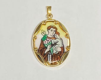 Medalla ovalada vintage de San Antonio de Padua "San Antonio" esmaltada en oro amarillo de 10 quilates de 25 mm x 20 mm