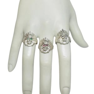 Sterling Silver Genuine Gemstone Eyes (Emerald, Ruby or Sapphire) Indian Chief Ring (unisex medium size)