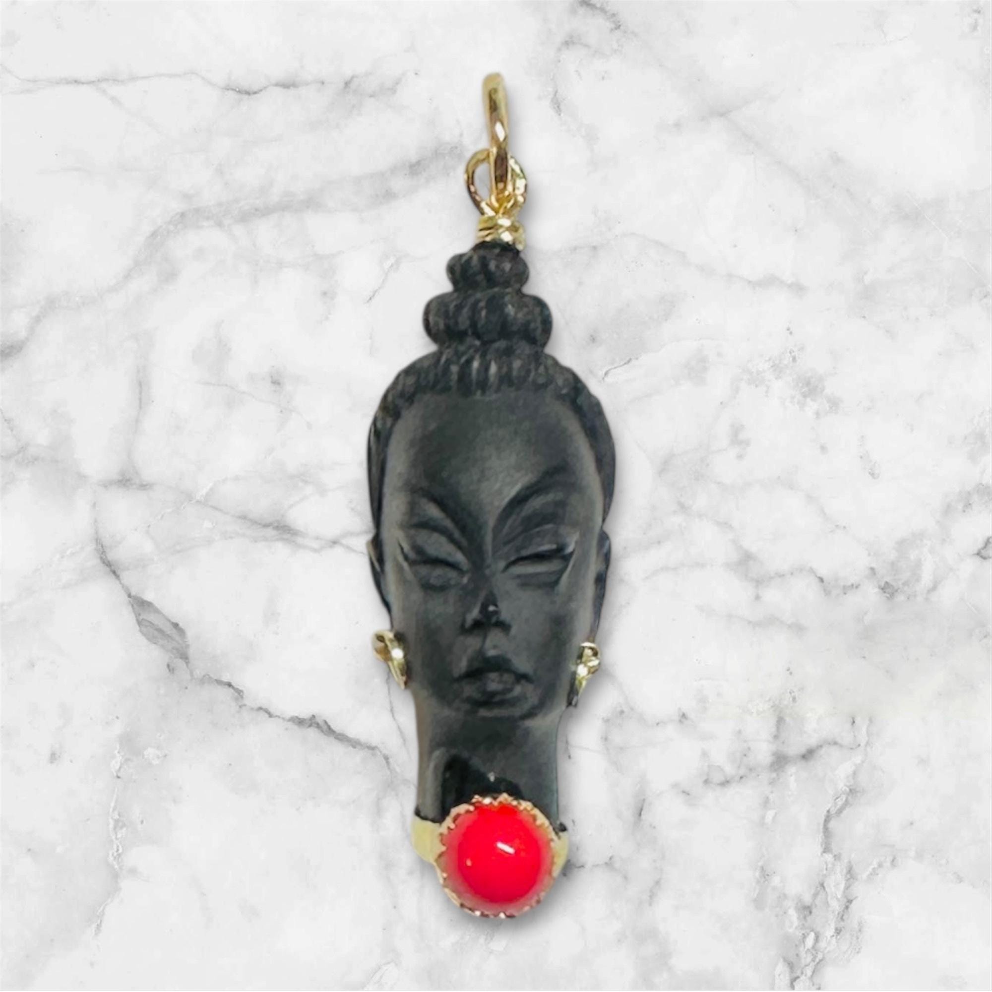 Vintage 18 Karat Yellow Gold 1960's NOS (new old stock) Straight Hair  Italian Corletto Blackamoor Pendant