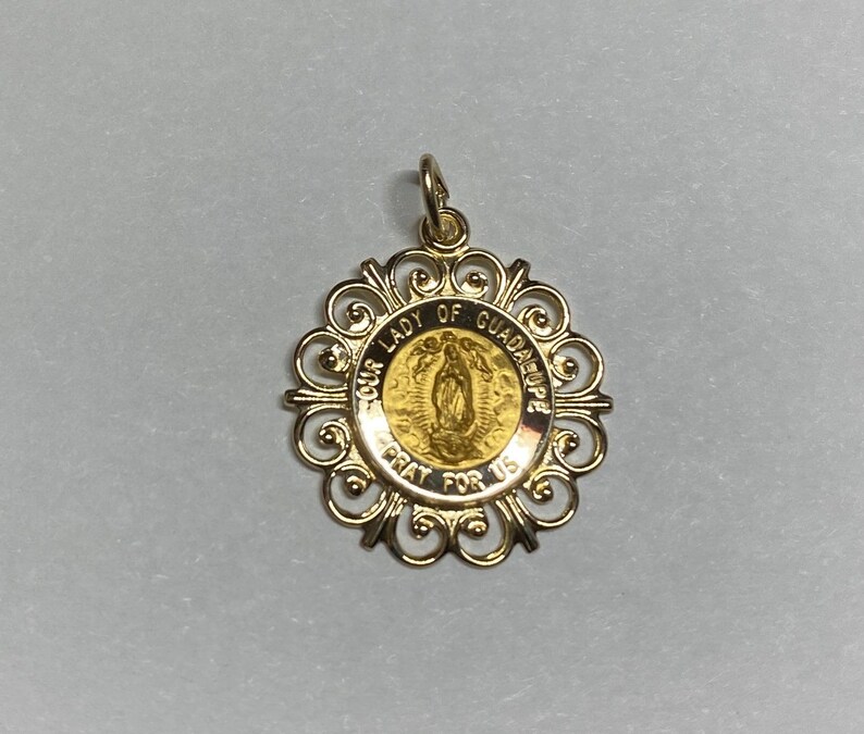 14 Karat Yellow Gold Our Lady of Guadalupe Pray for Us Filigree Medal ...