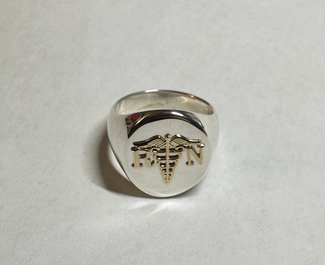 OX JEWELRY Silver Curve Signet Ring　19号 Sterling Silver and 14 Karat Yellow Gold RN Caduceus Oval 19 X