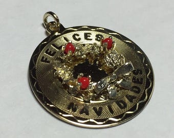 Vintage NOS 1960's 12K Gold Filled Elco "Felices Navidades" Wreath Medal Pendant