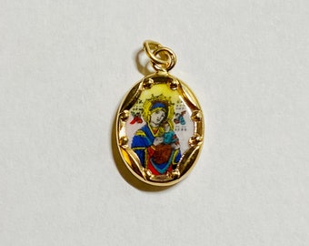 Vintage NOS 10 Karat Yellow Gold Enameled Our Lady of Perpetual Help "Virgen del Perpetuo Socorro" 13mm x 10mm Oval Medal