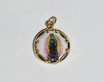 Vintage NOS 10K Yellow Gold Enameled Our Lady of Guadalupe 12.8mm Medal
