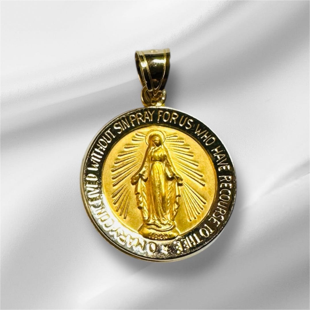 NOS 14 Karat Yellow Gold Round Hollow Two-sided Miraculous Virgin