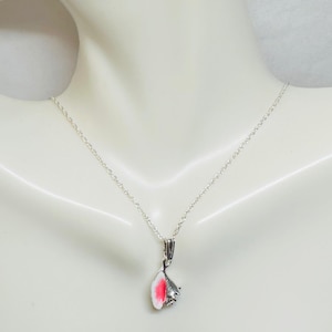 May include: A silver chain necklace with a small, white and pink seashell pendant.