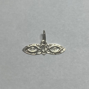 May include: Silver charm in the shape of a butterfly with two large eyes on the wings.