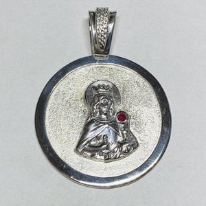 Sterling Silver Saint Barbara &quot;Santa Barbara&quot; 46mm Round Medal with Genuine Ruby